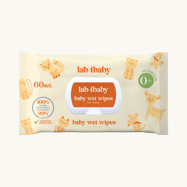 Chusteczki nawilżane dla niemowląt H2O baby wet wipes lab4baby 60 szt. - 99% wody, 100% bawełny