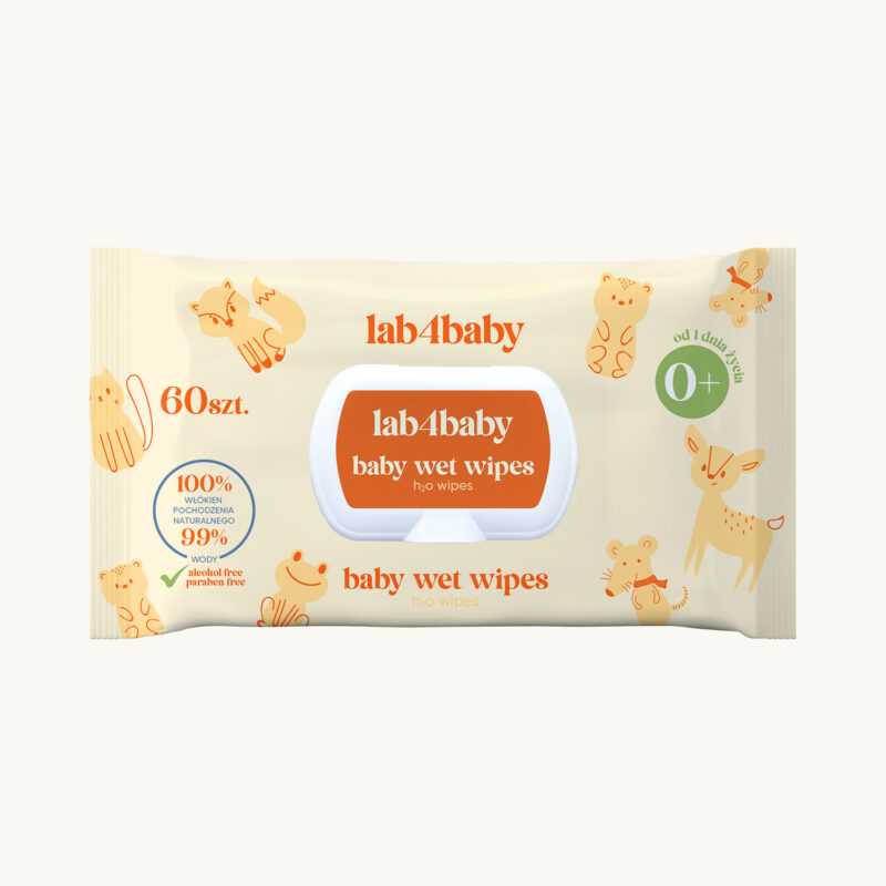Chusteczki nawilżane dla niemowląt H2O baby wet wipes lab4baby 60 szt. - 99% wody, 100% bawełny