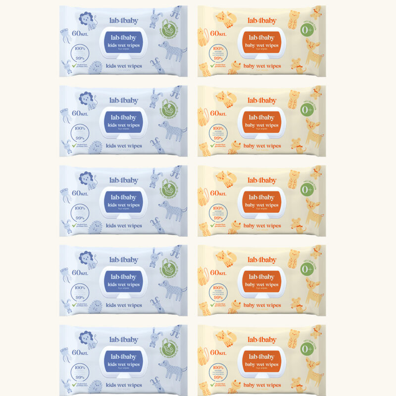 Wielopak mieszany 10 szt. chusteczek nawilżanych lab4baby H2O kids i H2O baby wet wipes