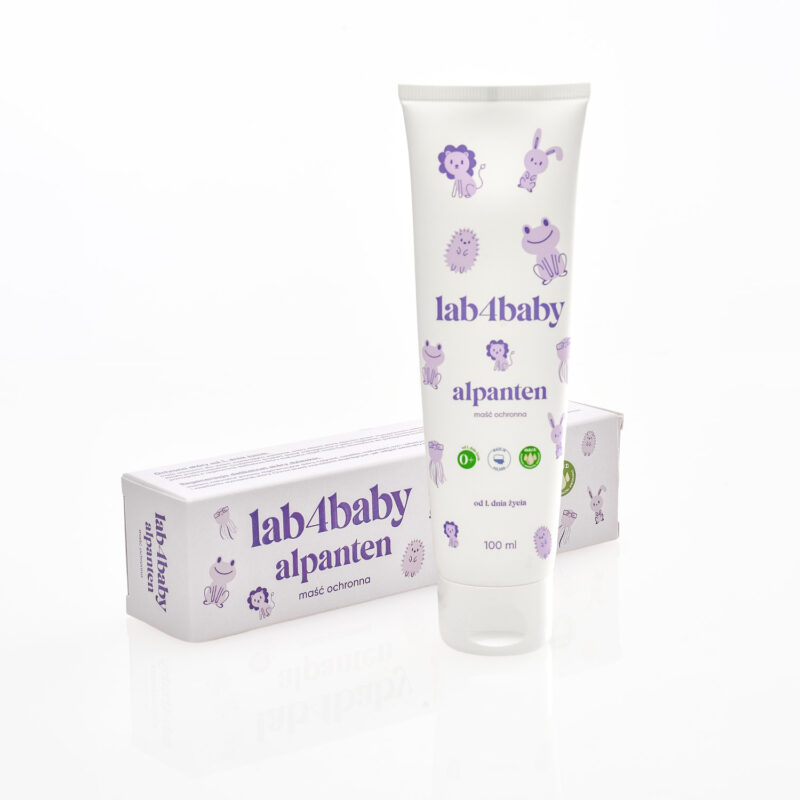 Maść Alpanten lab4baby 100 ml — opakowanie tuba z pudełkiem, naturalna pielęgnacja skóry niemowląt od 1. dnia życia, pantenol i ekstrakt z rumianku