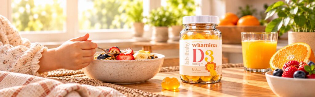 Witamina D3 1000 j.m. dla dzieci lab4baby w żelkach o smaku pomarańczowym obok śniadania dziecka