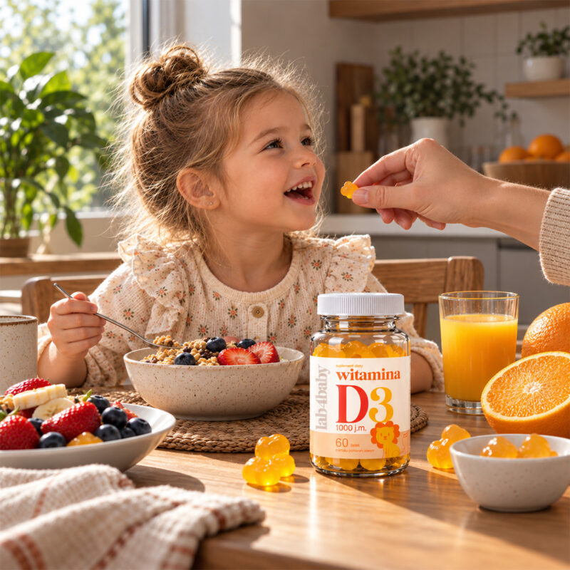Dziecko przy śniadaniu dostaje żelkę z witaminą D3 lab4baby