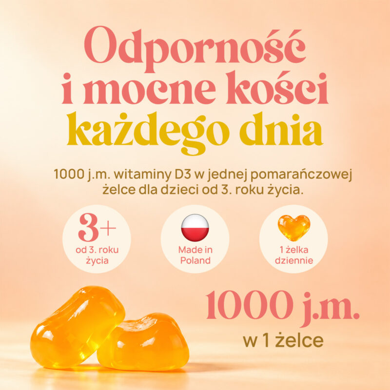 Żelki z witaminą D3 1000 j.m. dla dzieci od 3. roku życia, 1 żelka dziennie, produkt polski